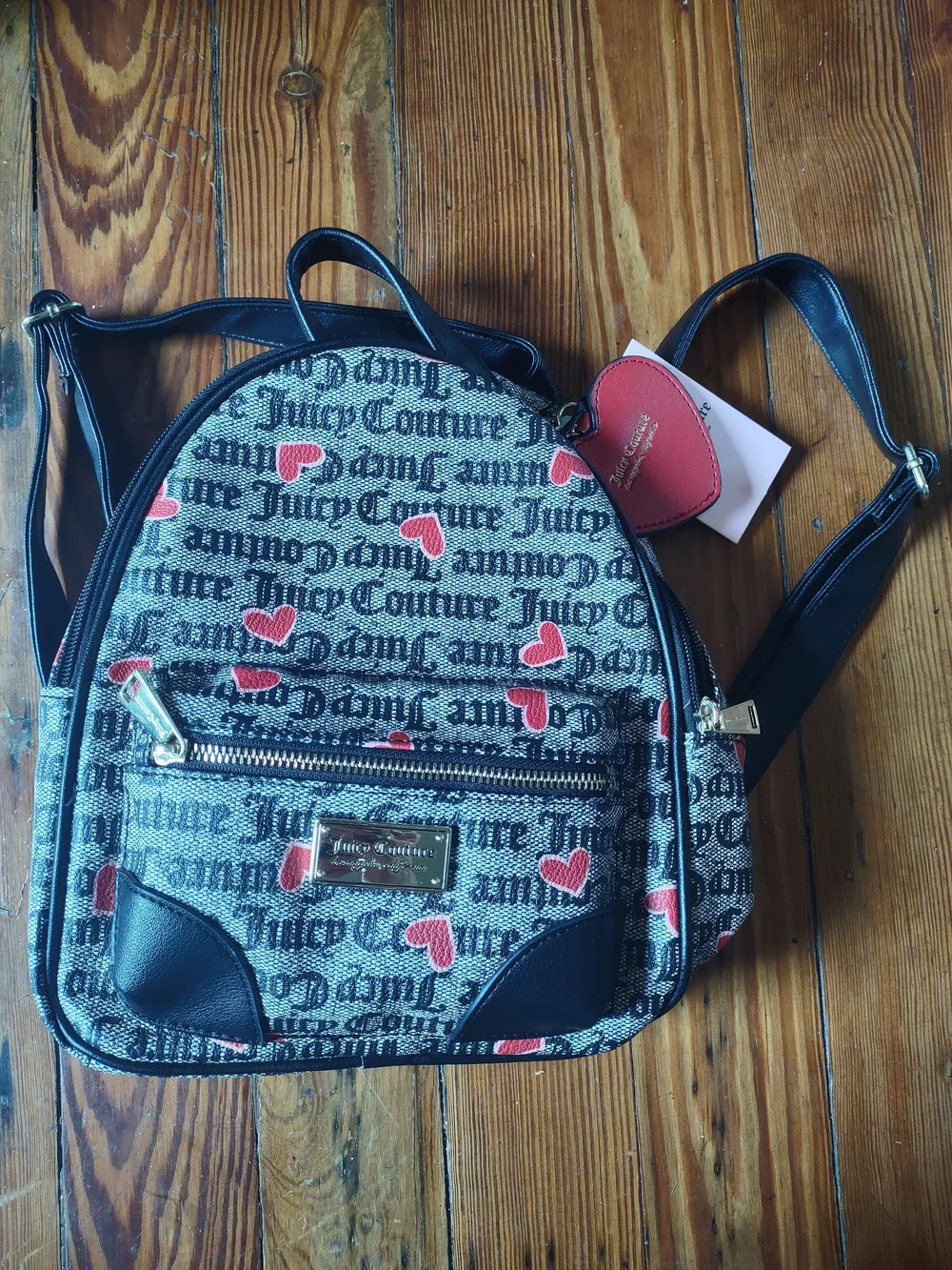 Juicy Couture Black Logo Valentine Hearts Canvas Mini Backpack Red Heart Charm
